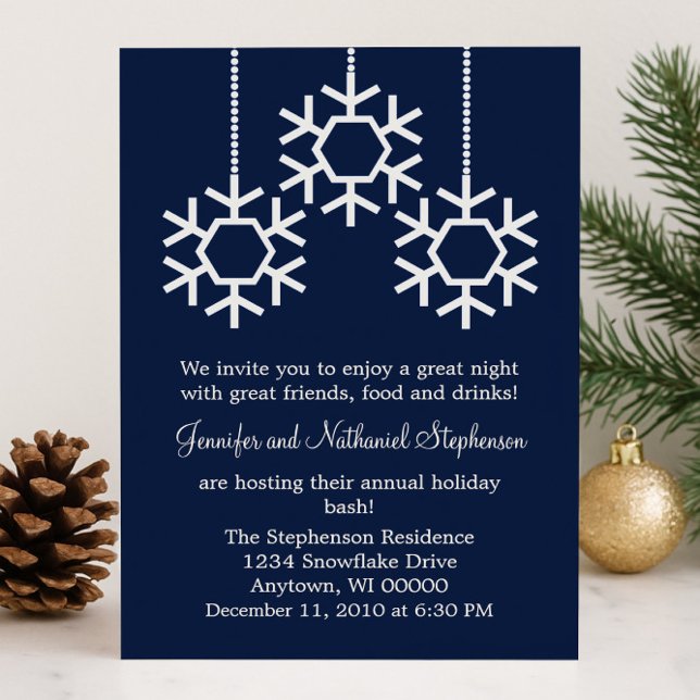 Fallande Snöflingor Julfest, Mörk blått Inbjudningar (Dark Blue Falling Snowflakes Holiday Party Invitation)