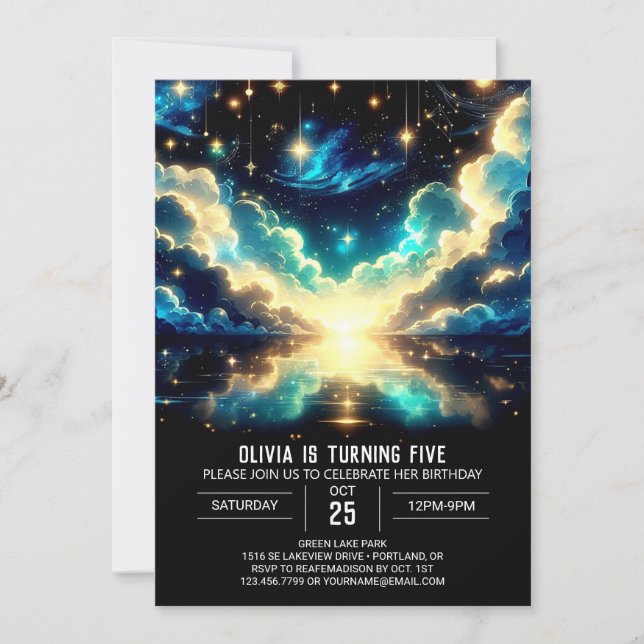 Fallande stjärnor Celestial Digital Birthday Inbjudningar (Framsida)