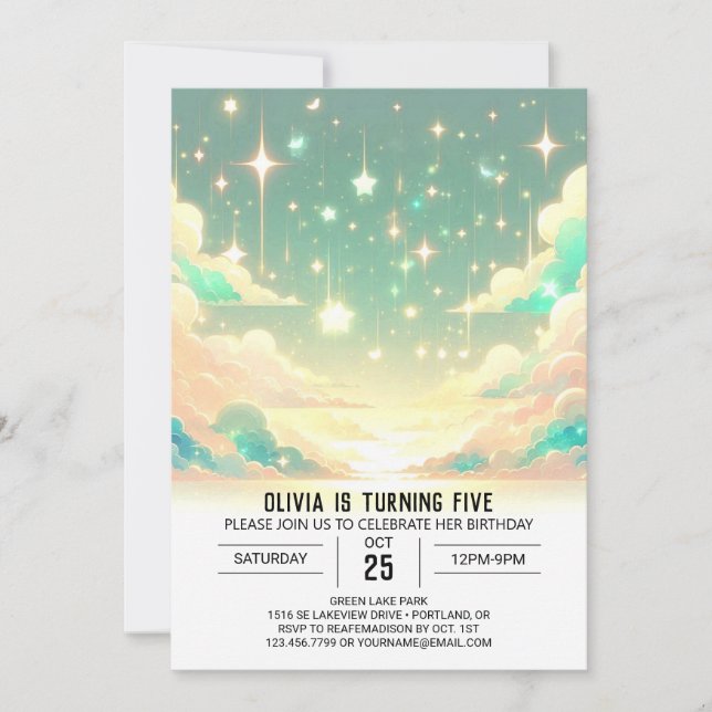 Fallande stjärnor Modern Celestial Digital Birthda Inbjudningar (Framsida)