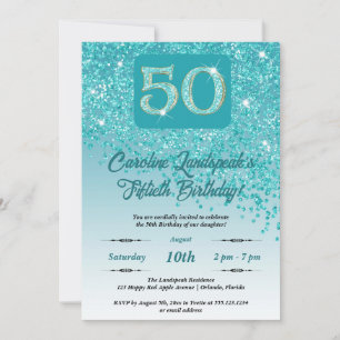 Fallande Teal Blue Glitter 50:e Födelsedagsfesten Inbjudningar