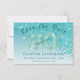Fallande Teal Blue Glitter för 30års födelsedag Spara Datumet