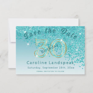 Fallande Teal Blue Glitter för 30års födelsedag Spara Datumet