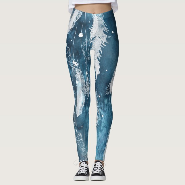 Fallande vita fjädrar, blå vattenfärg. leggings (Framsida)