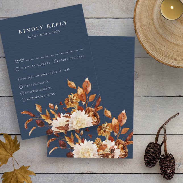 Fallbröllop OSA Kort (Watercolor Navy Blue Autumn Wedding RSVP Card by Painted Paperie
)