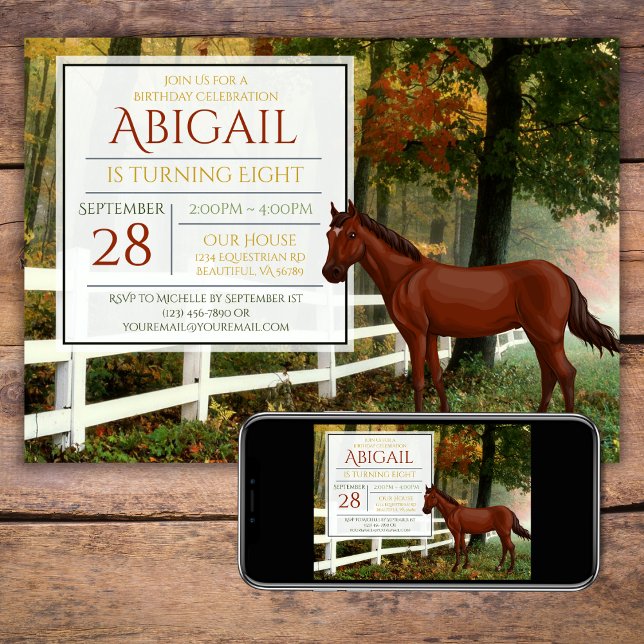 Falldagen i Fält hösten för den vackra bushhästen Inbjudningar (Beautiful Bay Horse in Autumn Field Birthday Invitation)