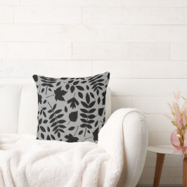 Fallen Löv Lg Mönster Black på Grått Kudde