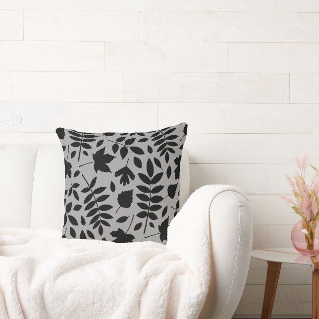 Fallen Löv Lg Mönster Black på Grått Kudde (Soffa)