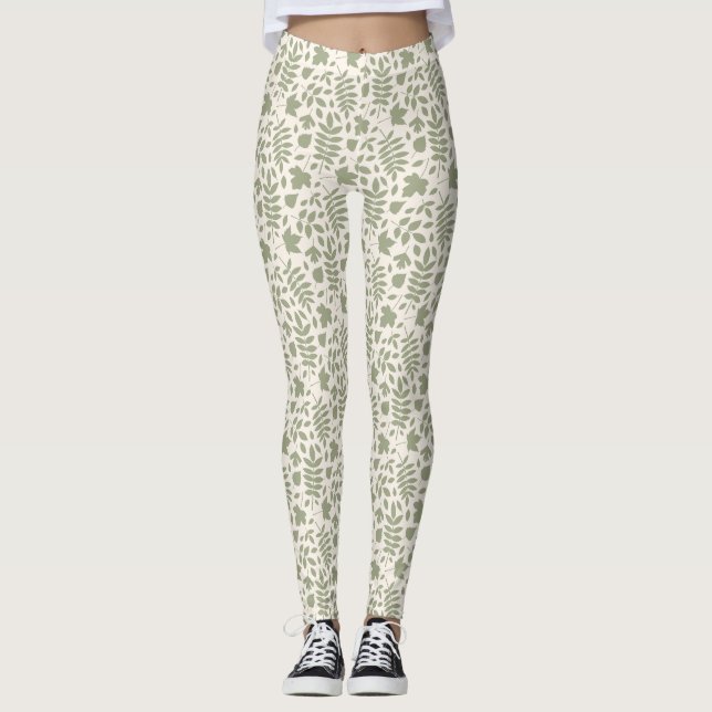 Fallen Löv Mönster Grönt på Cream Leggings (Framsida)