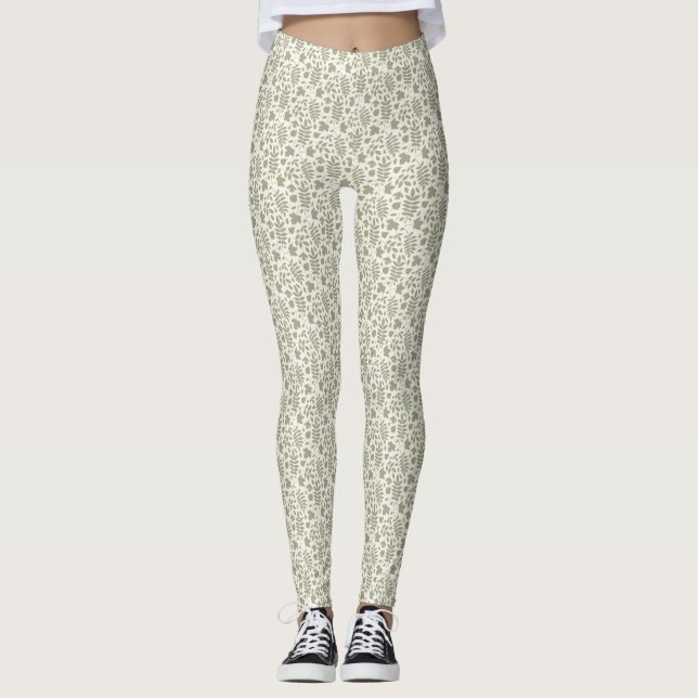 Fallen Löv Sml Mönster Grönt på Cream Leggings (Framsida)