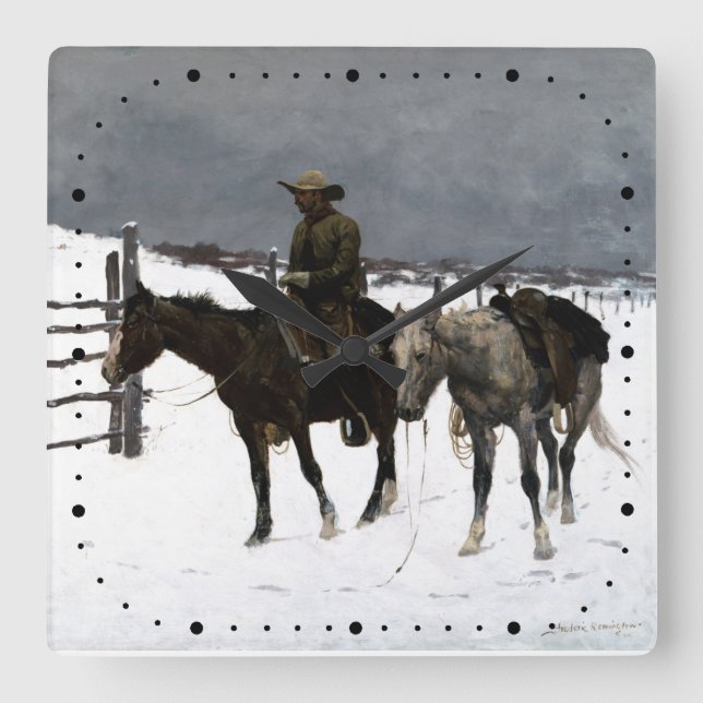 Fallet med cowboyen Frederic Remington 1895 Wester Fyrkantig Klocka (Framsida)