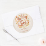 Falling in Love Modern Autumn Wedding  Runt Klistermärke<br><div class="desc">This design feathers Autumn wedding theme with the title "Falling in Love" on a vintage texture background and burnt orange fall elegant typography. This card is easily editable with your personal details.</div>