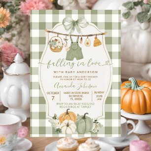 Falling in Love Sage Green Gingham Barnrumsfirande Inbjudningar