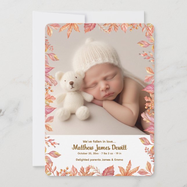 Falling Leaves Frame Photo Birth Announcement  Inbjudningar (Framsida)