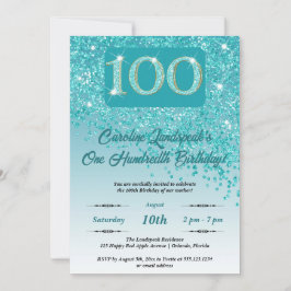 Falling Teal Blue Glitter 100:e Födelsedagsfesten Inbjudningar