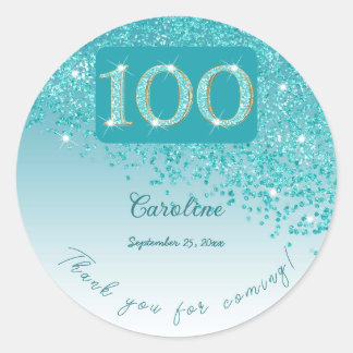 Falling Teal Blue Glitter, 100 födelsedagstack Runt Klistermärke