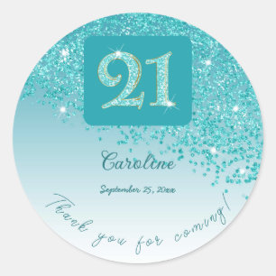 Falling Teal Blue Glitter, 21:a födelsedagstack Runt Klistermärke