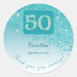 Falling Teal Blue Glitter, 50:e födelsedagstack Runt Klistermärke