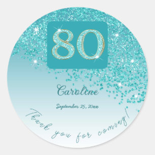 Falling Teal Blue Glitter, 80:e födelsedagstack Runt Klistermärke