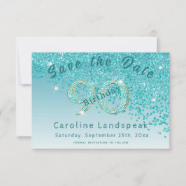 Falling Teal Blue Glitter för 90:e födelsedag Spara Datumet
