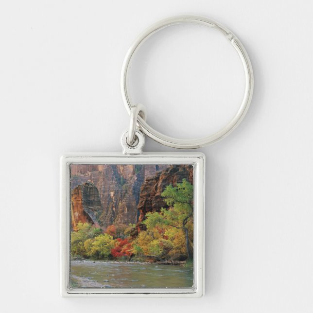 Falllöv längs Virgin River nära gateway till Fyrkantig Silverfärgad Nyckelring (Framsidan)