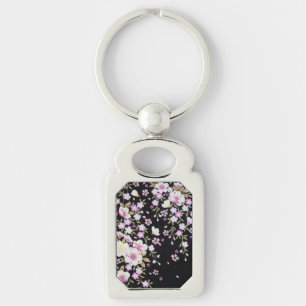 Falln Cascading Rosa Flowers Rektangulärt Silverfärgad Nyckelring