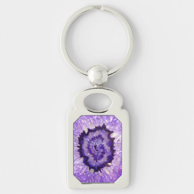 Falln Lila Agate Geode Rektangulärt Silverfärgad Nyckelring (Framsidan)