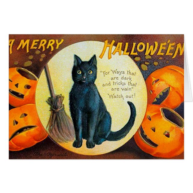 Falln Merry Halloween Cat OBS Kort (Framsidan Horizontal)