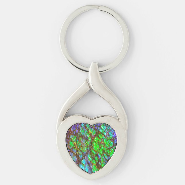 Falln påfågel Ammolite Twisted Heart Silverfärgad Nyckelring (Framsidan)