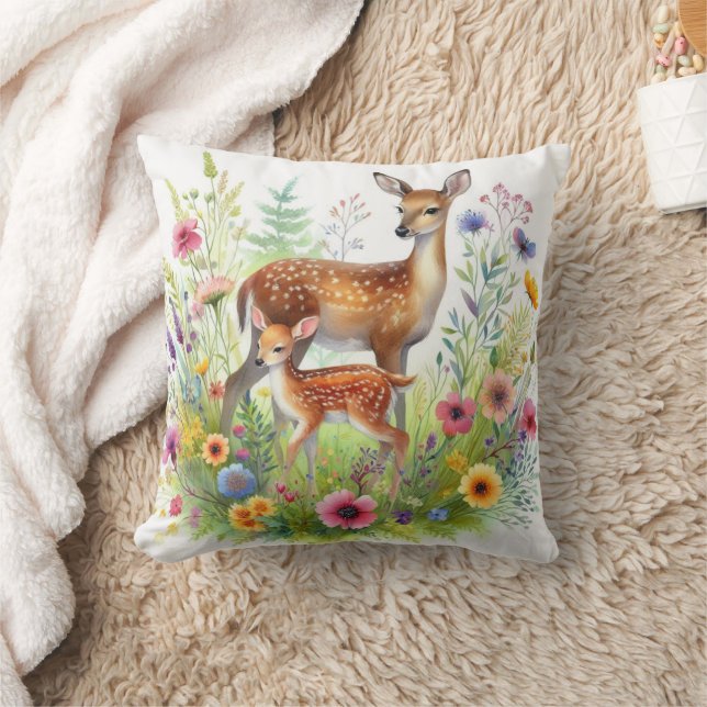 Fallow Doe Hjort Fawn och Wildblommor Kudde (Filt)