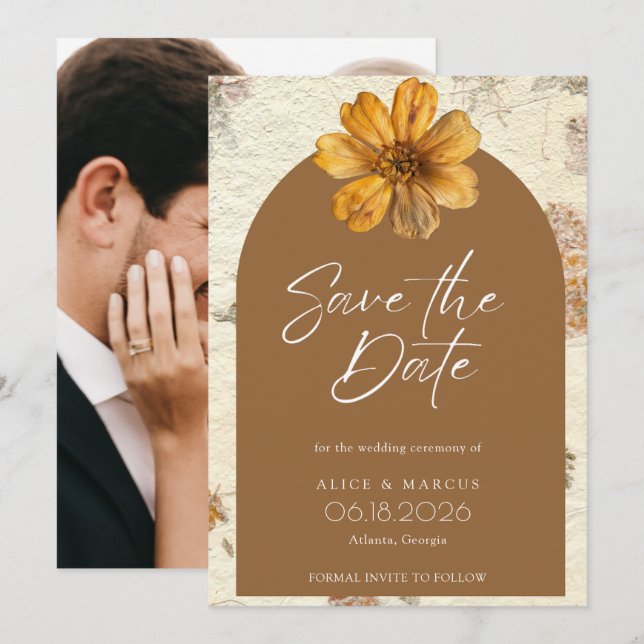 Fallpressat fotfoto Bröllop spara datum Spara Datumet (Fram/baksida)