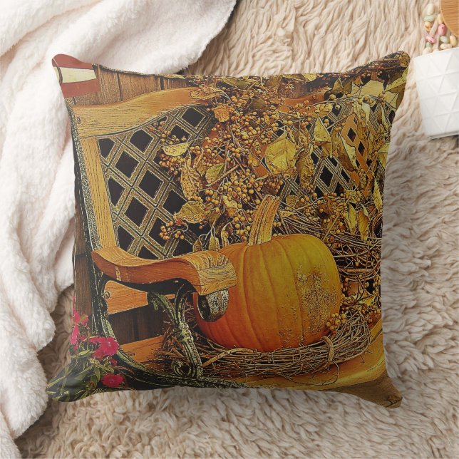 Fallscen - Pumpkin och Bittersöt Vine på Bench Kudde (Filt)