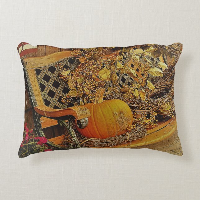 Fallscen - Pumpkin och Bittersöt Vine på Bench Prydnadskudde (Framsidan)