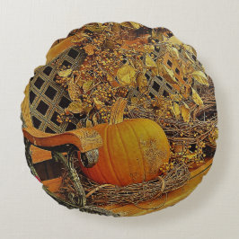 Fallscen - Pumpkin och Bittersöt Vine på Bench Rund Kudde
