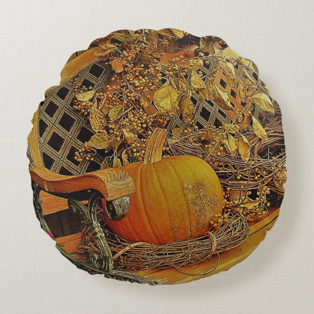 Fallscen - Pumpkin och Bittersöt Vine på Bench Rund Kudde (Framsidan)