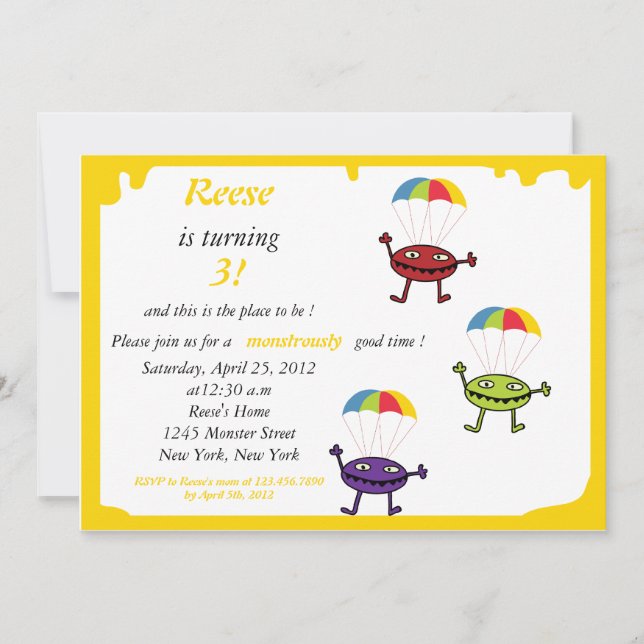 Fallskärm droppe- monsterfödelsedagsinbjudan 3 inbjudningar (Framsida)