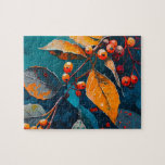 Fallskogar lämnar målade. Höstbladskonst Pussel<br><div class="desc">Fallskogar lämnar och bergspussel. Abstrakt modern höstkonst i färg med blå röd orange.</div>
