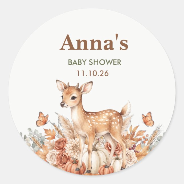 Fallskogs hjort Pumpa Baby Shower Favor Etikett (Framsida)
