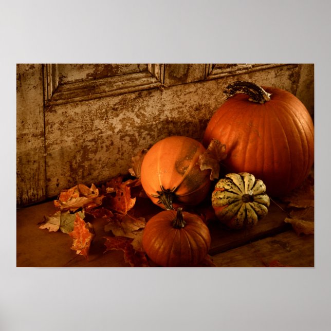 Fallskörd/-pumpor och gourder vid dörren poster (Framsidan)