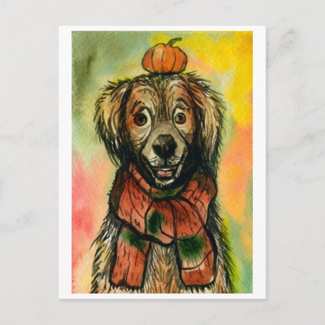 Fallvykort, Hund med pumpkin, höst Vykort (Framsida)