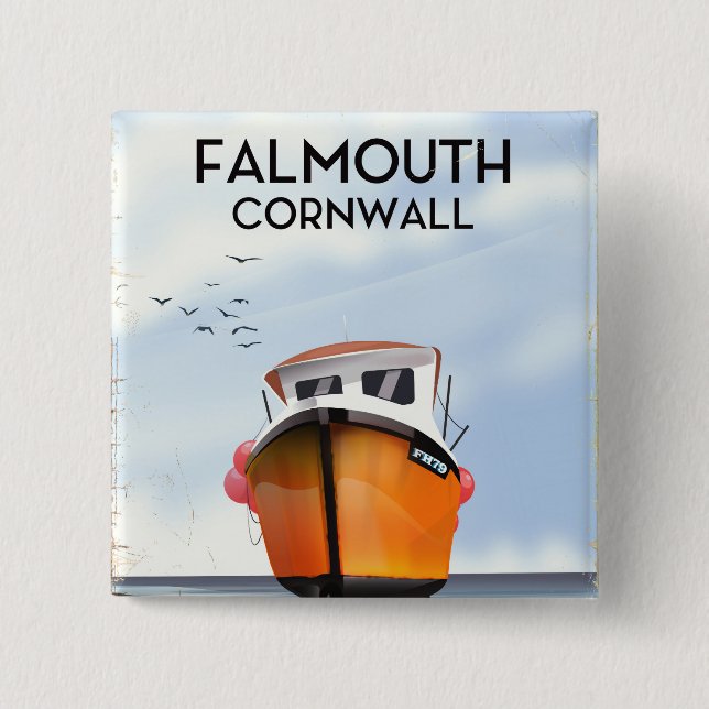Falmouth Cornwall Fiskebåt reseinformation affisch Knapp (Framsida)