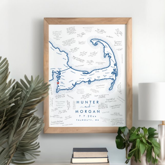 Falmouth MA Bröllop Blå Modern Gästbok Poster (Falmouth MA Cape Cod Map Poster Modern Navy Blue Alternative Guest Book Poster by Coastal Map Design)
