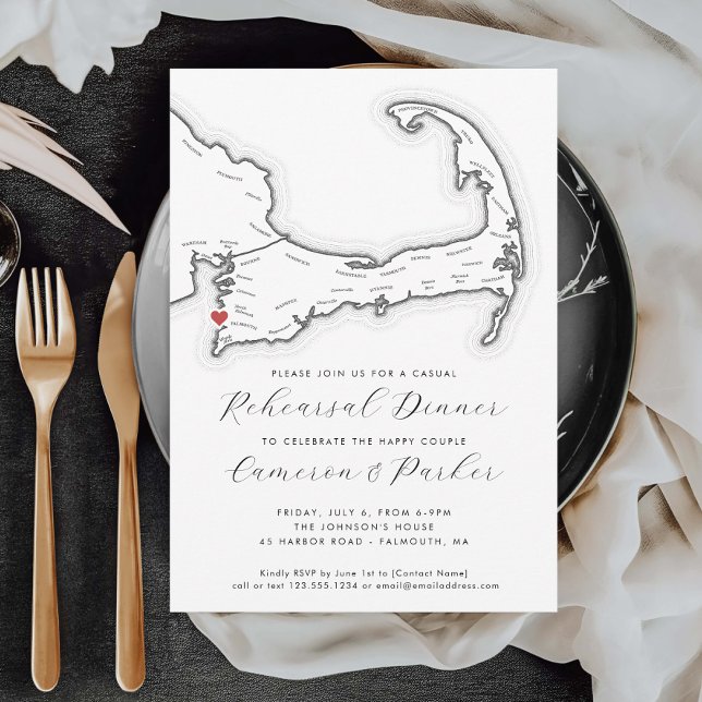 Falmouth MORSA Avslappnad Bröllop Rehearsal Dinner Inbjudningar (Falmouth MA Casual Wedding Rehearsal Dinner Invitation in Black and White from Coastal Map Designs)