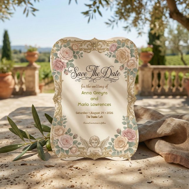 Fals folie förgylld barock rokoko ängel spara datumet (Skapare uppladdad)