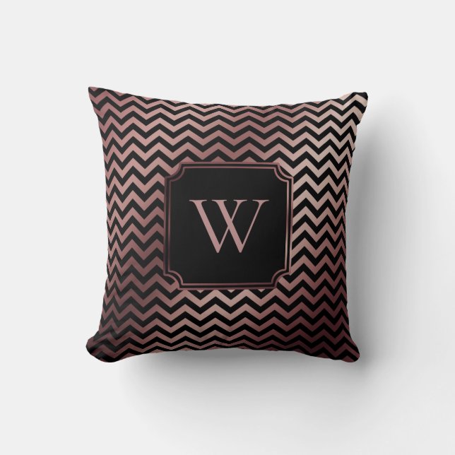 Fals guldrosfolie och svart chevron med monogram kudde (Framsida)