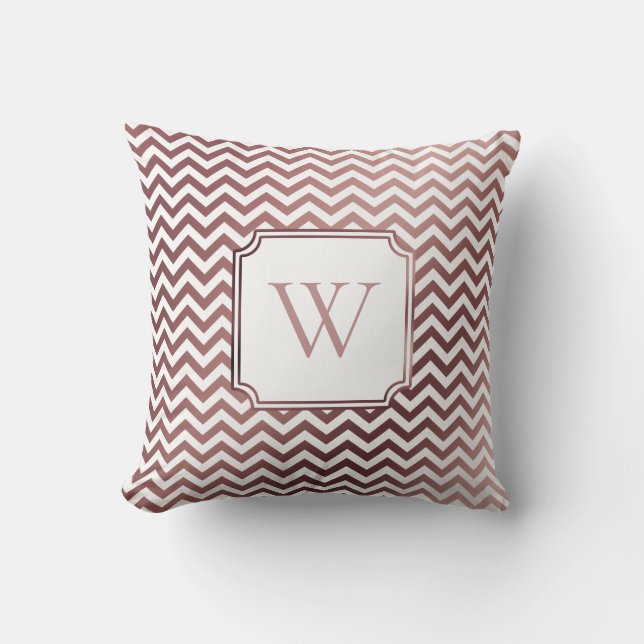 Fals guldrosfolie och vit chevron med monogram kudde (Framsida)