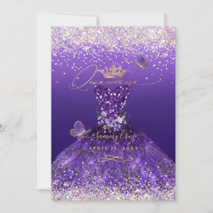 Fals klänning i hologramglitter lila Quinceanera Inbjudningar