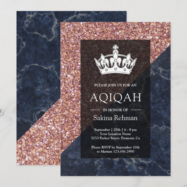 Fals Rosa Guld Glitter Blå Marmor Aqiqah Inbjudningar (Fram/baksida)