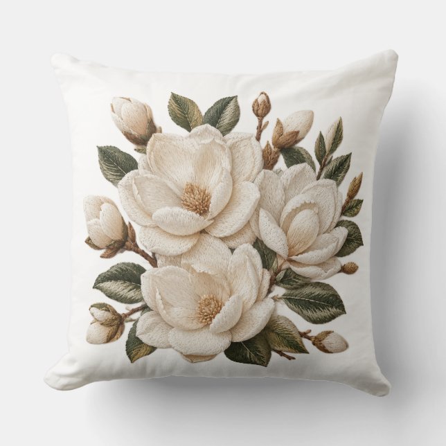 Falsk 3D-broderad illustration av vit magnolia  Kudde (Framsida)