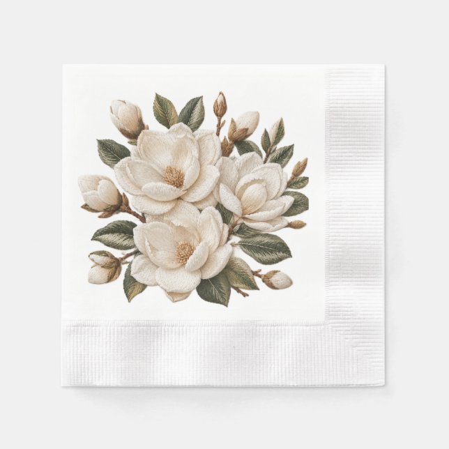 Falsk 3D-broderad illustration av vit magnolia  Pappersservett (Framsidan)