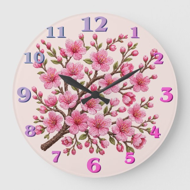 Falsk 3D-broderad Sakura-grenillustration Stor Klocka (Framsida)